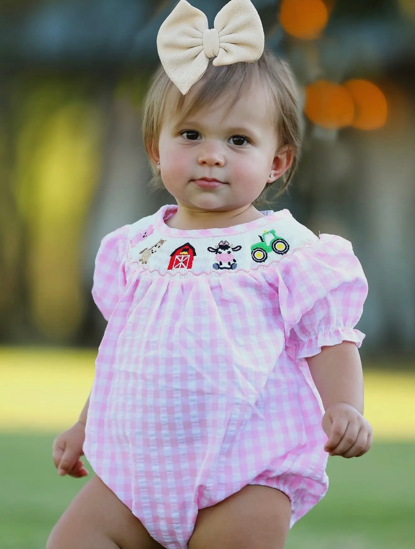 Farm Pink Smocking Embroidered Girls Romper