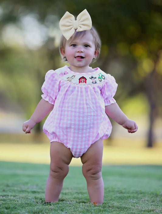 Farm Pink Smocking Embroidered Girls Romper