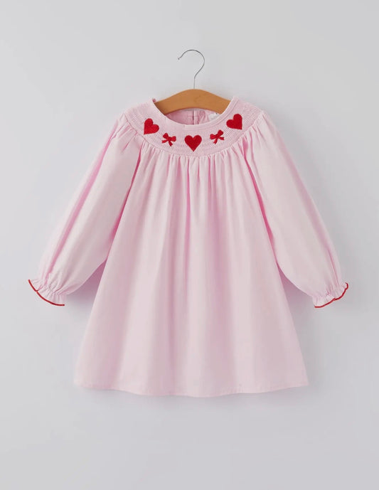Pink Smocking Embroidery Long Sleeve Girls Dress