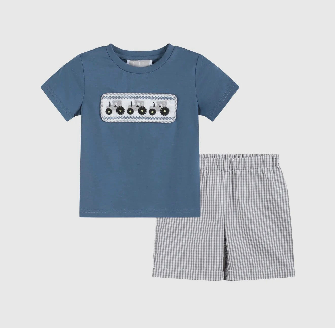 Blue Tractor Smocked Shirt And Gray Shorts Set