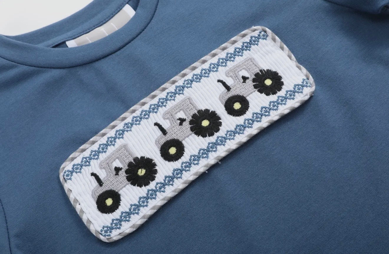 Blue Tractor Smocked Shirt And Gray Shorts Set