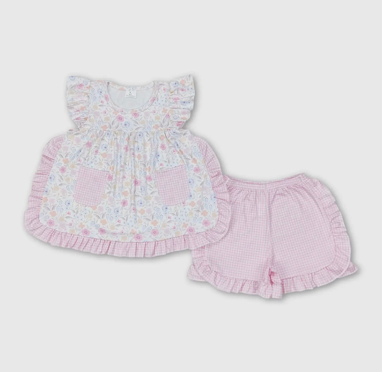 Pockets Floral Tunic Plaid Shorts Girls Spring Clothing