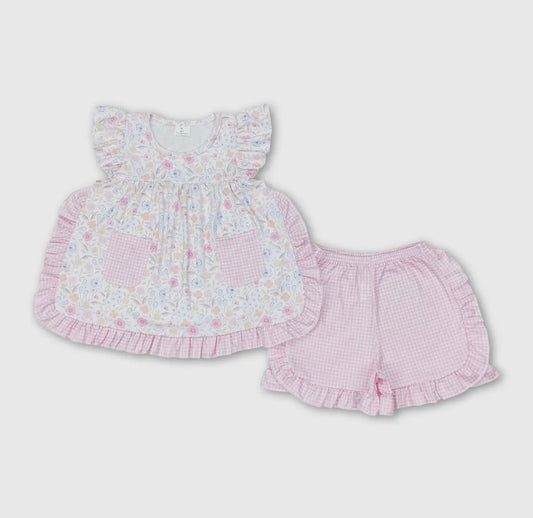 Pockets Floral Tunic Plaid Shorts Girls Spring Clothing